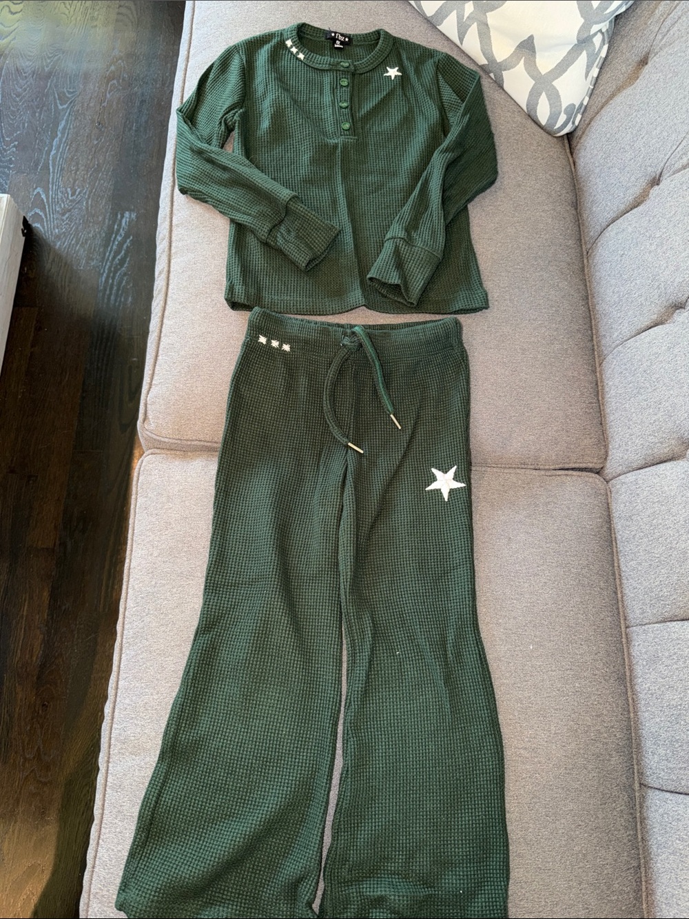 Kids Green Waffle Knit Matching Set with Star Detail